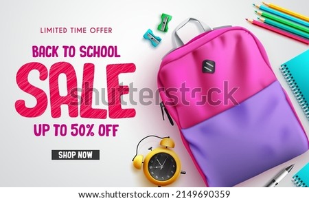 Back to school sale vector banner design. Back to school sale text in limited time offer discount with backpack bag and educational supplies for seasonal items promo clearance. Vector illustration.
