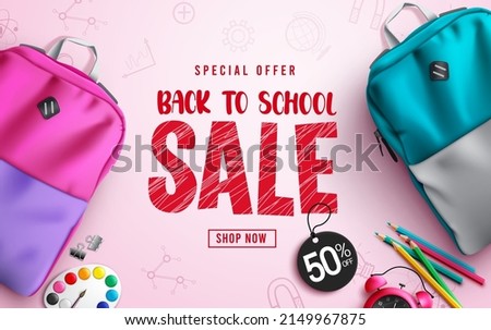 Back to school sale vector banner design. Back to school sale text in special offer discount with backpack bags element for education supplies promotion advertisement. Vector illustration.