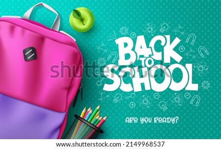 Back to school vector background design. Back to school text with backpack bag and color pencil elements in pattern background for educational study learning messages. Vector illustration.
