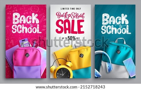Back to school vector poster set design. Back to school text with sale educational items of bags and notebook elements for educational study promo ads collection. Vector illustration.
