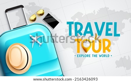 Travel vector background design. Travel and tour typography text with hat and luggage travelling element for explore the world text international trip. Vector illustration.
