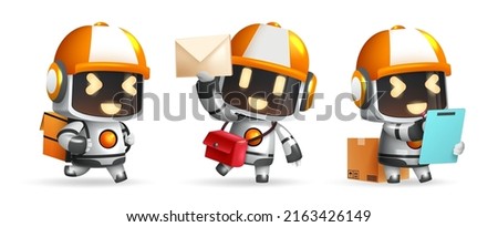 Robotic assistant characters vector set. Robots ai characters holding bags, mail and checklist for friendly delivery robot collection design. Vector illustration.
