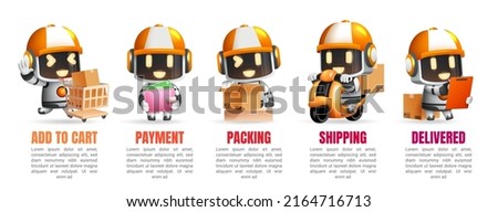 Online shopping infographic vector set. Online shopping app guidelines with robots delivery character for order and shipping procedure collection design. Vector illustration.
