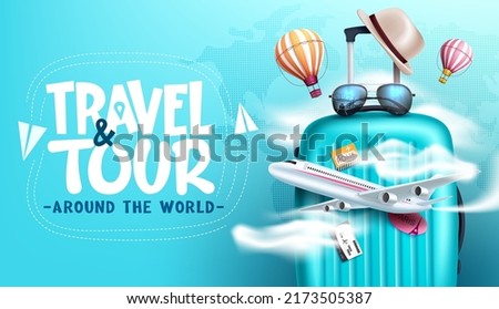 Travel worldwide vector background design. Travel and tour typography text with 3d luggage bag and airplane elements for international travelling. Vector illustration.

