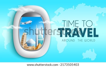 Travel time vector background design. Time to travel text with 3d airplane window view of international tourist destination for worldwide trip journey. Vector illustration.
