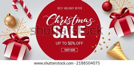 Christmas sale vector design. Christmas sale text best holiday offer up to 50% off promo discount and xmas element like gifts and candy cane for xmas season promotion. Vector illustration.
