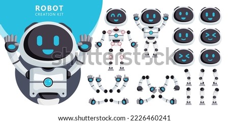 Robots character creator kit vector set. Robots editable character with pose and gestures of arms, legs and head for body parts creation design. Vector illustration.
