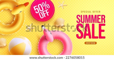 Summer sale vector design. Summer sale text with special offer 50% holiday promo discount. Vector illustration summer sale banner. 
