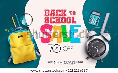 Back to school sale vector design. Back to school sale text with 70% promotion discount for student supplies. Vector illustration summer sale design.