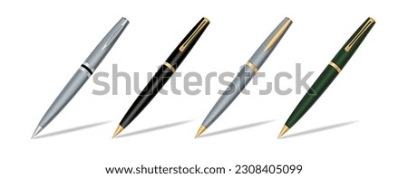 Ballpen set vector design. Ballpen 3d realistic elements in metallic ballpoint pen for offices, schools, business. Vector illustration writing pen collection.