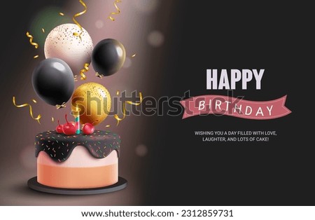 Happy birthday text vector template. Birthday cake with balloon and confetti elements in elegant background. Vector illustration greeting card design.