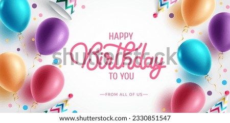 Birthday greeting vector background design. Happy birthday to you text with colorful balloons and party hat elements for kids birth day party messages. Vector illustration.
