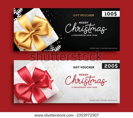 Christmas voucher vector set design. Merry christmas and happy new year gift certificate vouchers for holiday shopping discount. Vector illustration gift vouchers lay out collection. 
