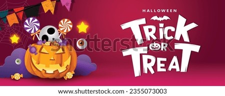 Halloween trick or treat text vector design. Halloween pumpkin lantern with candy sweets elements for kids party horror celebration background. Vector illustration trick or treat holiday concept.
