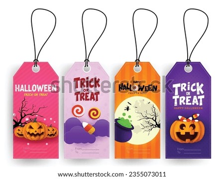 Halloween tags vector set design. Trick or treat halloween gift tags collection for holiday party dedication sticker collection. Vector illustration gift tags collection. 
