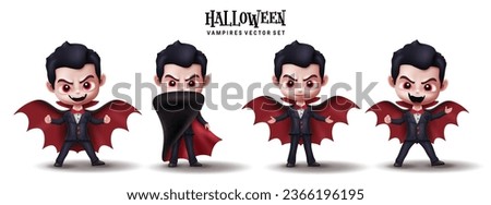 Halloween dracula characters vector set design. Halloween vampire character collection in standing pose wearing cape and robe elements. Vector illustration vampire character collection.
