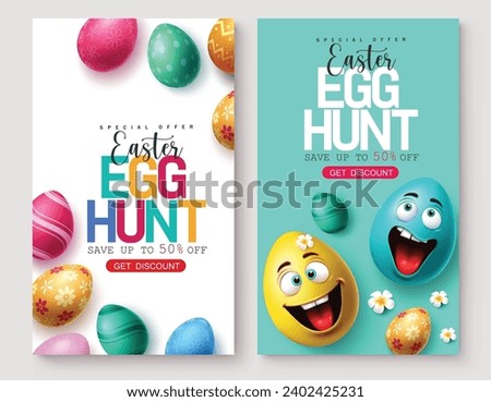 Easter egg hunt sale vector poster set. Easter egg hunt special offer discount text with colorful elements for holiday season promotion design. Vector illustration easter promo sale postcard 