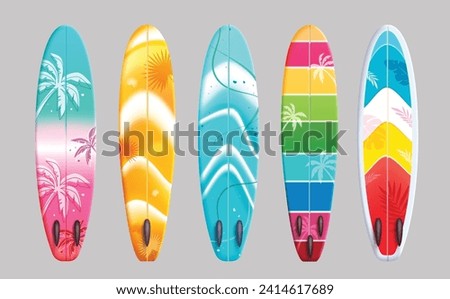 Summer surfboard element vector set design. Surfboard collection in colorful pattern and prints decoration for surfing activity. Vector illustration summer surfboard collection.
