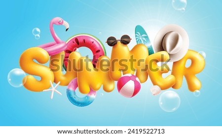 Summer 3d text vector design. Summer yellow title font with flamingo floaters, beach ball, surf board, sunglasses and hat beach elements decoration in blue background. Vector illustration summer 3d 