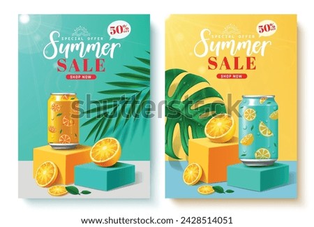 Summer sale text vector poster set. Summer sale special offer promo discount with soda drinks orange flavor in podium stage for tropical season product promotion. Vector illustration summer sale poste