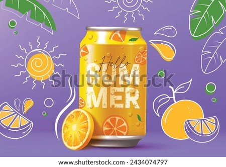 Summer soda can vector design. Hello summer greeting in cola drink 3d realistic elements for tropical season refreshment juice drink in orange flavor concept.  Vector illustration summer soda can desi