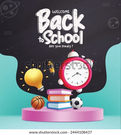 School podium vector banner design. Welcome back to school greeting text with 3d books, alarm clock, ball and ballpen elements for educational product display template. Vector illustration school 