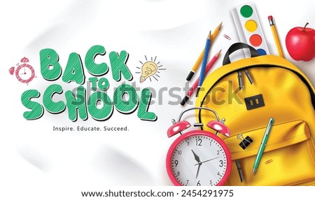 Back to school greeting vector template design. Back to school text with educational yellow back pack, alarm clock, color pencil and water color items and elements. Vector illustration school greeting