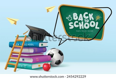 Back to school books vector design. Back to school greeting text in chalk board with learning books, ladder, graduation cap elements for educational success concept. Vector illustration school 