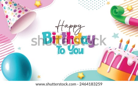 Birthday vector template design. Happy birthday greeting text with party hat, balloon, cake and whistle decoration elements in abstract background. Vector illustration birthday invitation template. 
