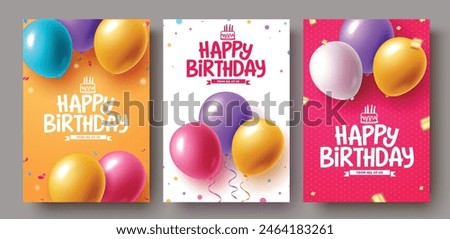 Happy birthday vector poster set design. Birthday greeting text with balloons elements decoration for postcard lay out collection. Vector illustration birthday poster design. 
