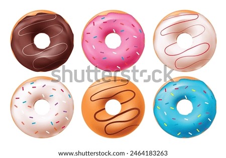 Birthday doughnut vector set design. Birthday donut cake desserts with chocolate cream, strawberry icing and sprinkles yummy food 3d realistic collection. Vector illustration doughnut cake design. 
