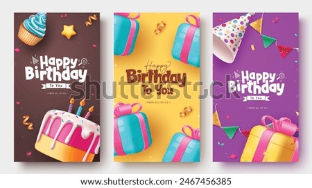 Happy birthday vector poster set design. Birthday greeting text with cake, gift box, party hat and pennants decoration elements for card collection. Vector illustration birthday invitation design. 
