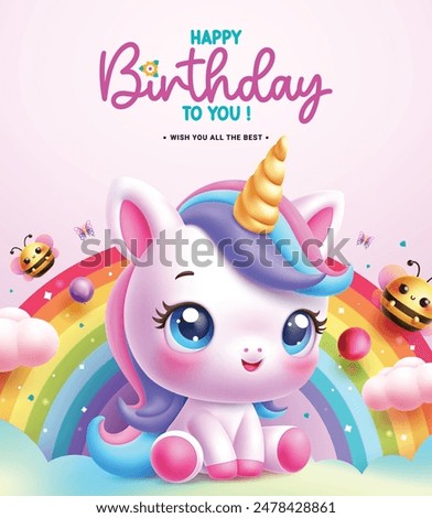 Happy birthday unicorn character vector design. Birthday greeting text with cute unicorn character and rainbow colorful decoration for kids invitation card template. Vector illustration birthday card 