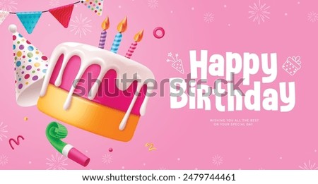 Happy birthday cake vector background design. Birthday greeting text with cake, candle, party hat, pennants and whistle decoration elements in pink background. Vector illustration invitation card 