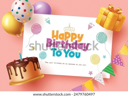 Happy birthday invitation card vector template. Birthday greeting text in white blank paper space with cake, balloons, gift box and pennants decoration elements. Vector illustration invitation card.  