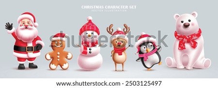 Christmas characters vector set banner design. Santa claus, ginger bread, snowman, reindeer, penguin and polar bear christmas cute character collection in isolated background. Vector illustration