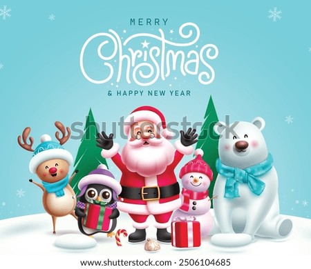 Christmas greeting card vector design. Merry christmas greeting text with friendly santa claus, cute polar bear, penguin, snowman and reindeer characters in snow winter blue background. Vector