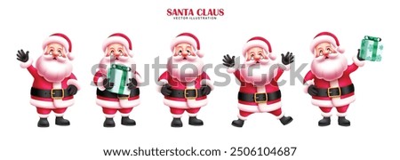 Christmas santa claus characters vector set design. Santa claus in happy pose, cute smiling, friendly waving, standing and holding gift box elements isolated in white. Vector illustration character 