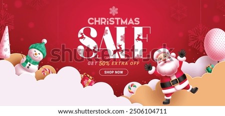 Christmas sale vector banner design. Christmas sale text with happy santa claus and snowman character in paper cut clouds red background for special promo advertisement. Vector illustration seasonal 