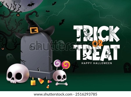 Halloween trick or treat text vector design. Trick or treat greeting card in grave yard creepy night background with grave stone and horror elements for spooky holiday season . Vector illustration 