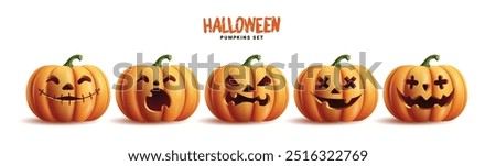 Halloween pumpkins set vector design. Halloween orange pumpkin with funny faces for holiday season spooky trick or treat collection isolated in white background. Vector illustration seasonal scary 