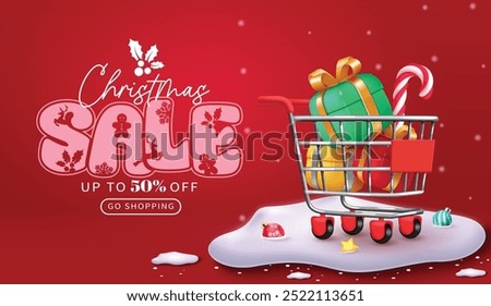 Christmas sale text vector banner design. Christmas sale up to 50% off discount with shopping cart, gift boxes, candy cane, xmas balls for special promo advertisement. Vector illustration holiday 