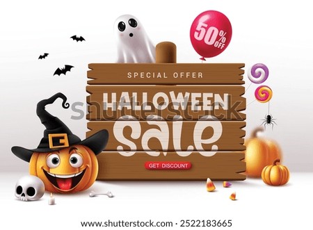 Halloween sale text vector template design. Halloween sale text special offer 50% off discount in wooden board with cute pumpkin, ghost characters and horror elements for seasonal shopping promo. 