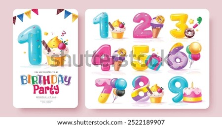 Birthday party numbers vector set design. Birthday greeting with colorful numbers, cup cake, cake, balloons and gift box decoration elements. Vector illustration invitation card set. 
