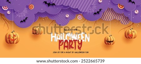 Halloween party invitation card vector banner design. Halloween party trick or treat holiday greeting card with paper cut clouds and hanging creepy elements. Vector illustration flyers promotion 