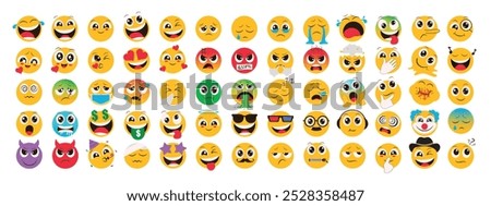 Emoji flat characters vector set. Emojis icon collection in sad, crying, weird, in love, sick and funny facial expressions emoji elements in white isolated background. Vector illustration emoticons 