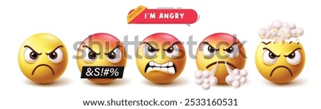 Emoji angry icon characters vector set. Emojis emoticon in mad, cruel, shiver, bad mood and explode face 3d character collection in white background. Vector illustration emoticons angry facial 