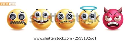 Emoji emoticon characters vector set. Emojis 3d emoticon character in quite, happy, dizzy, kind and angry facial expression icon collection in white background. Vector illustration yellow face