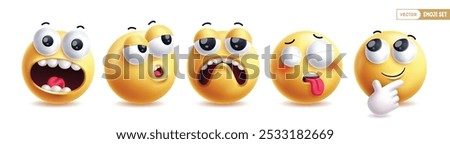 Emoji 3d emoticon characters vector set. Emoticons shock, curious, sad, naughty and cute emojis character collection in white background. Vector illustration yellow emoticons emotion set.
