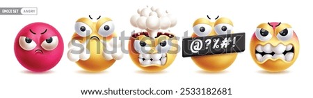 Emoji angry characters vector set. Emojis emoticon characters in mad, bad mood, explode, annoyed, cruel face icon collection in white background. Vector illustration angry emoticons facial expressions